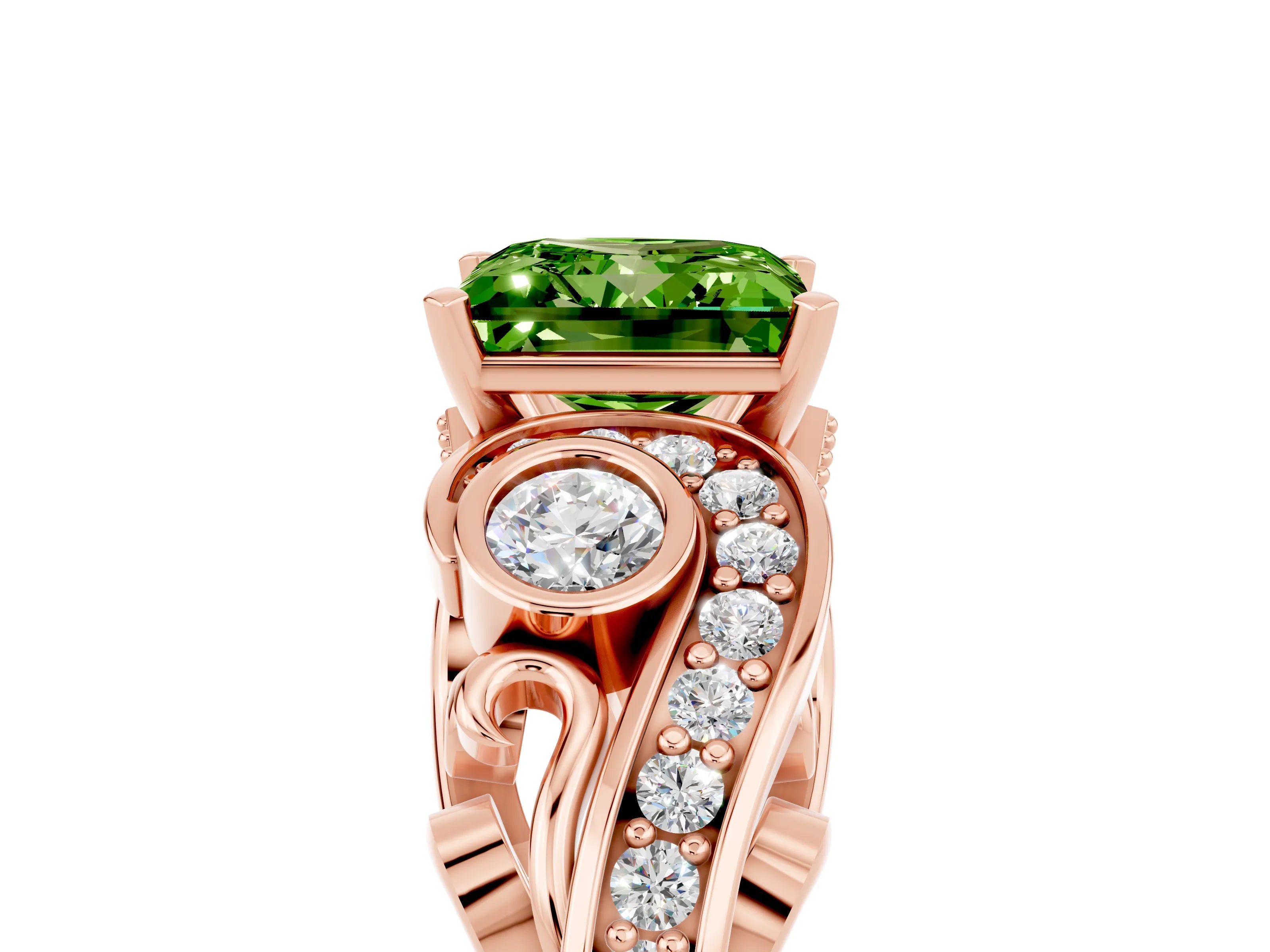 Rose gold Princess Cut Peridot Solitaire Ring with Milgrain Pavé Band and Four-Prong Setting_29