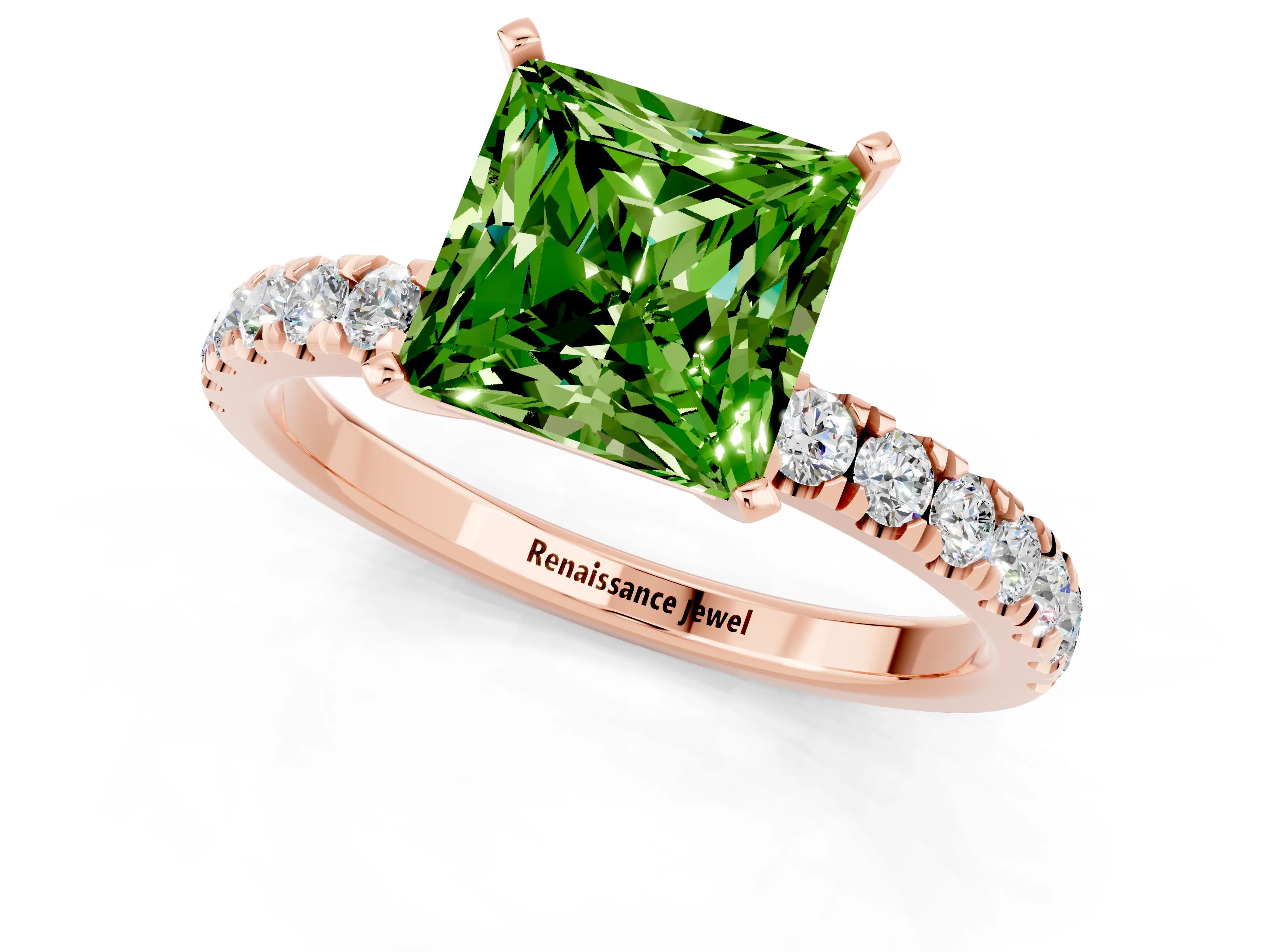 Rose gold Princess Cut Peridot Solitaire Ring with Pavé Accents and Four-Prong Setting_1