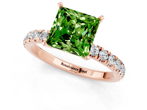 Rose gold Princess Cut Peridot Solitaire Ring with Pavé Accents and Four-Prong Setting_1