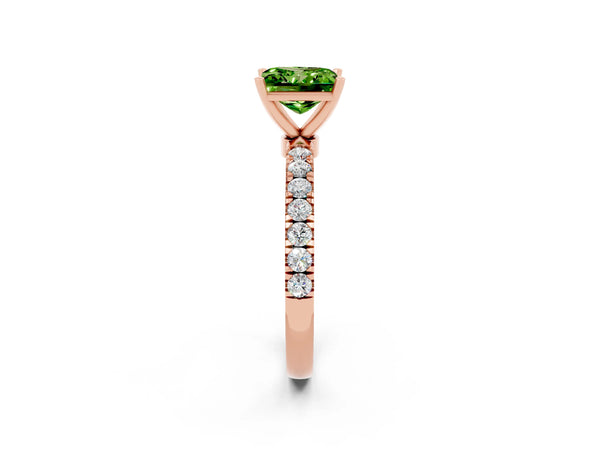 Rose gold Princess Cut Peridot Solitaire Ring with Pavé Accents and Four-Prong Setting