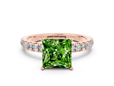 Rose gold Princess Cut Peridot Solitaire Ring with Pavé Accents and Four-Prong Setting