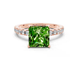 Rose gold Princess Cut Peridot Solitaire Ring with Pavé Band and Four-Prong Setting_24