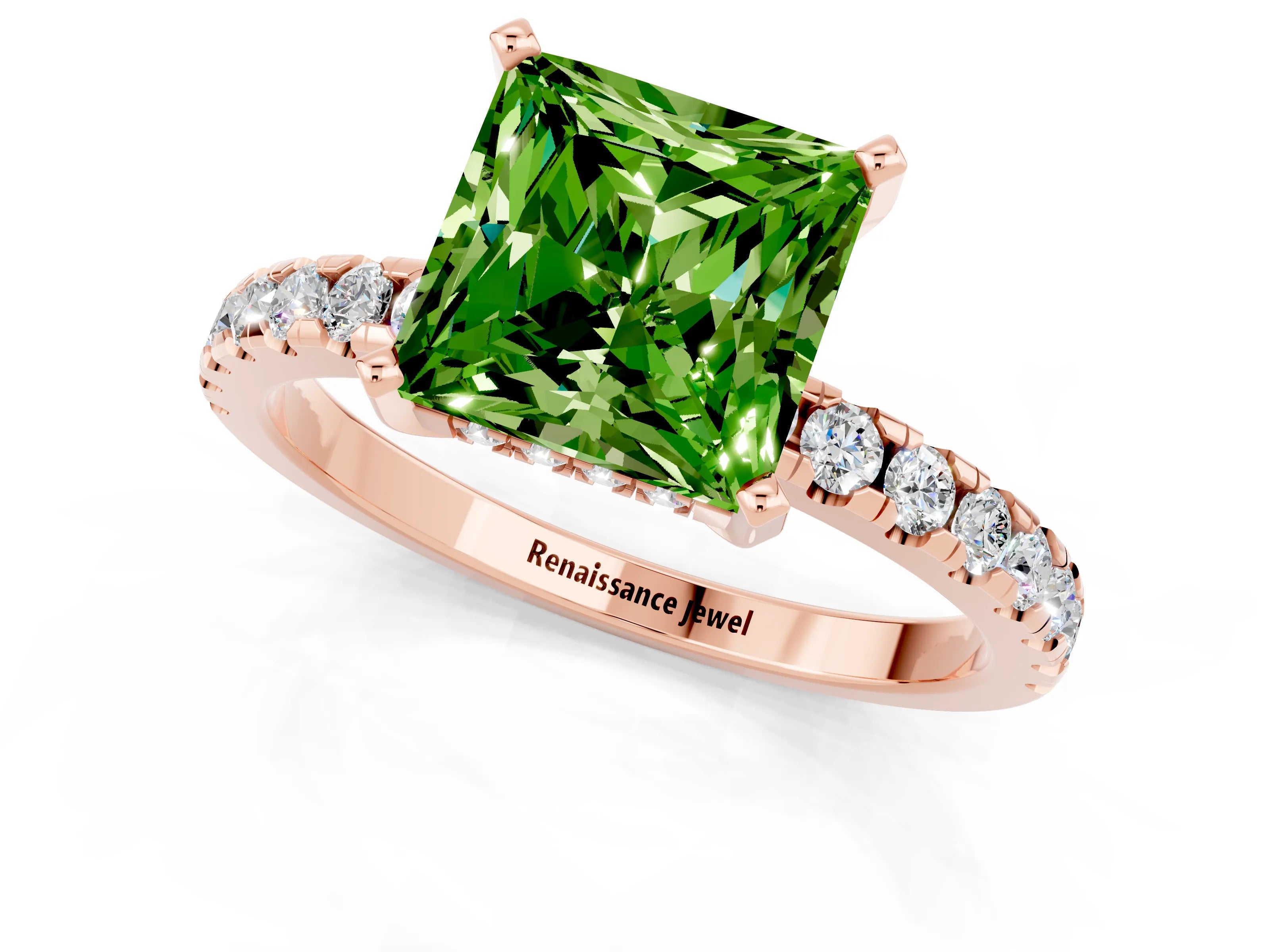 Rose gold Princess Cut Peridot Solitaire Ring with Pavé Band and Four-Prong Setting_25