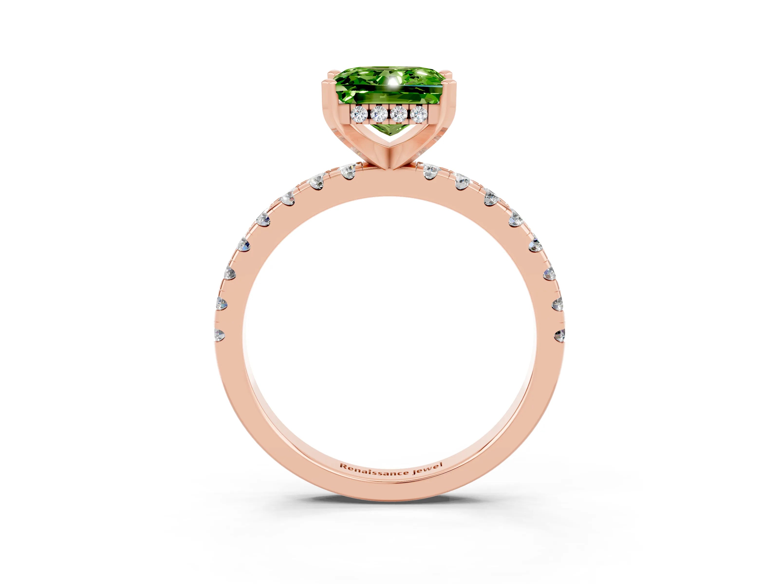 Rose gold Princess Cut Peridot Solitaire Ring with Pavé Band and Four-Prong Setting_27