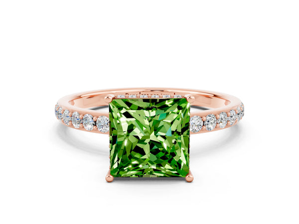 Rose gold Princess Cut Peridot Solitaire Ring with Pavé Band and Hidden Halo