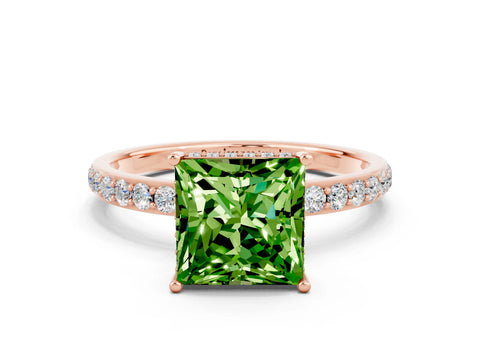 Rose gold Princess Cut Peridot Solitaire Ring with Pavé Band and Hidden Halo_12