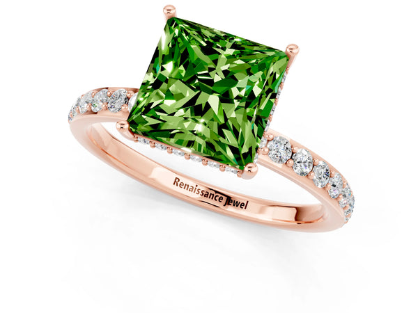 Rose gold Princess Cut Peridot Solitaire Ring with Pavé Band and Hidden Halo