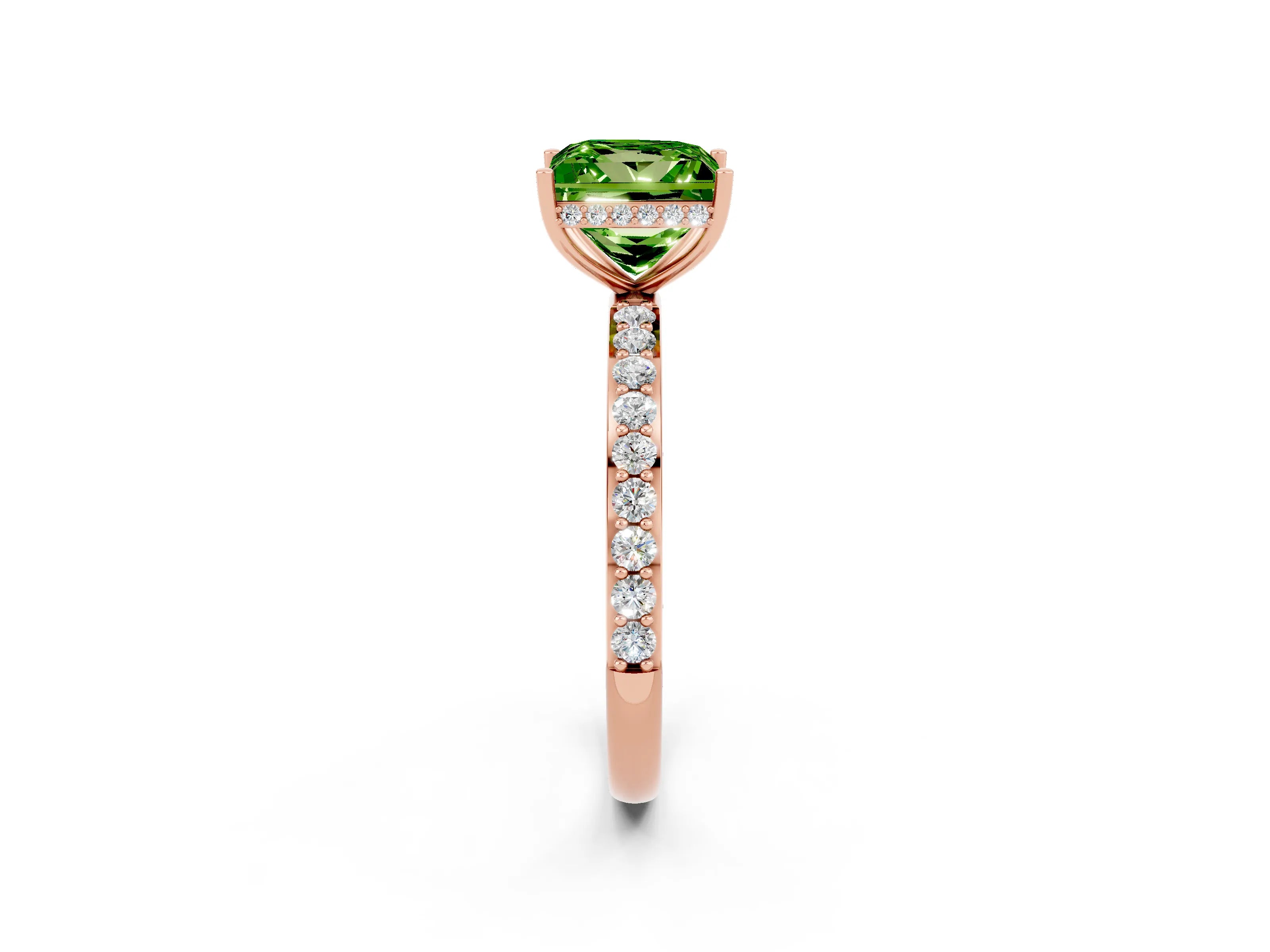 Rose gold Princess Cut Peridot Solitaire Ring with Pavé Band and Hidden Halo_14