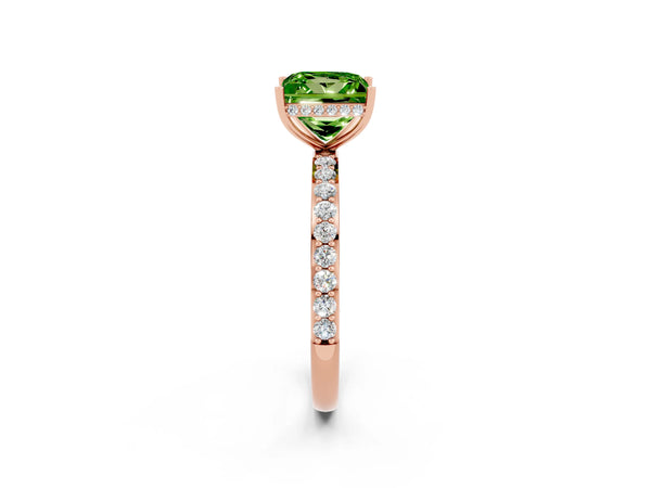 Rose gold Princess Cut Peridot Solitaire Ring with Pavé Band and Hidden Halo