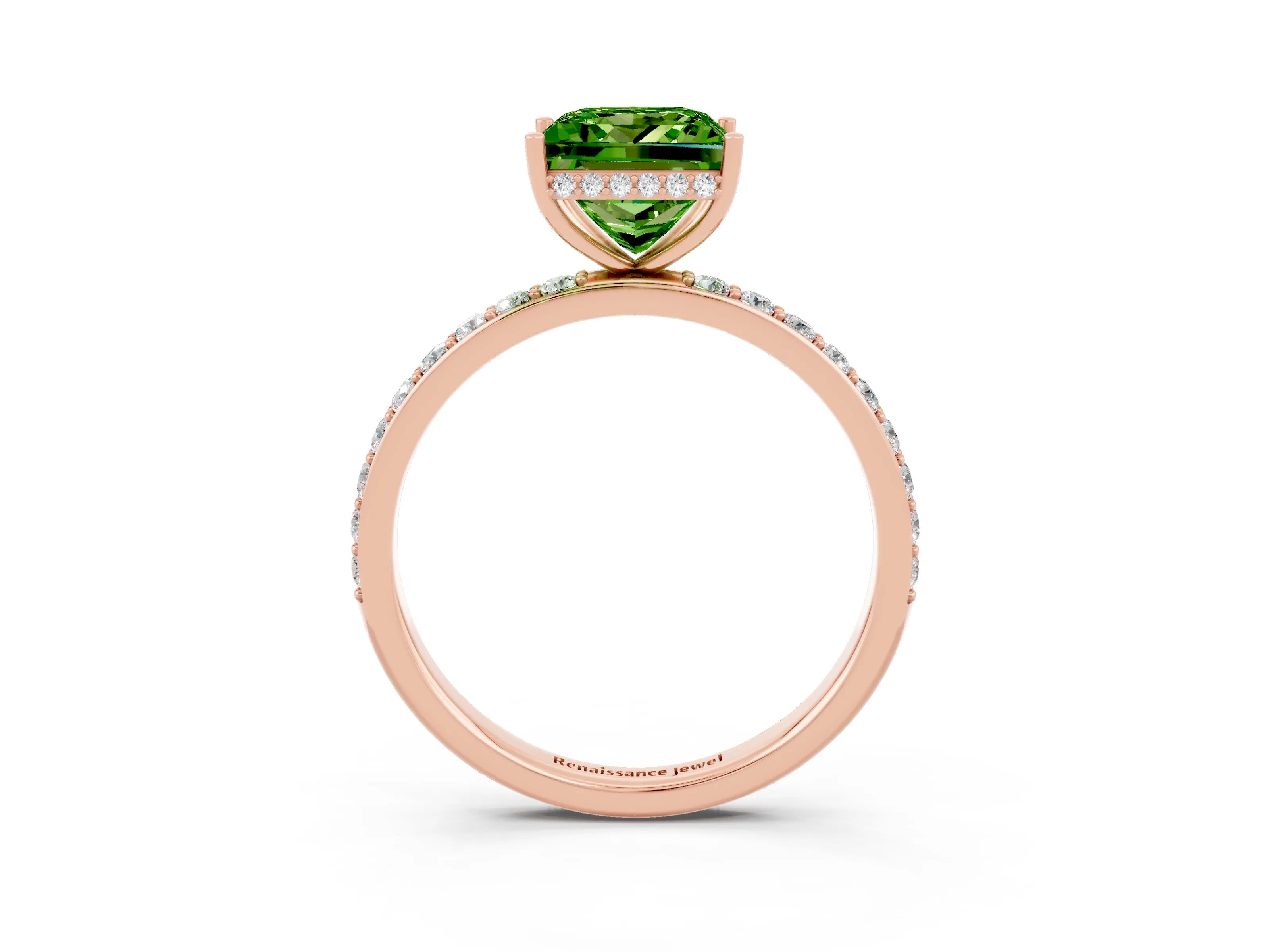 Rose gold Princess Cut Peridot Solitaire Ring with Pavé Band and Hidden Halo_15