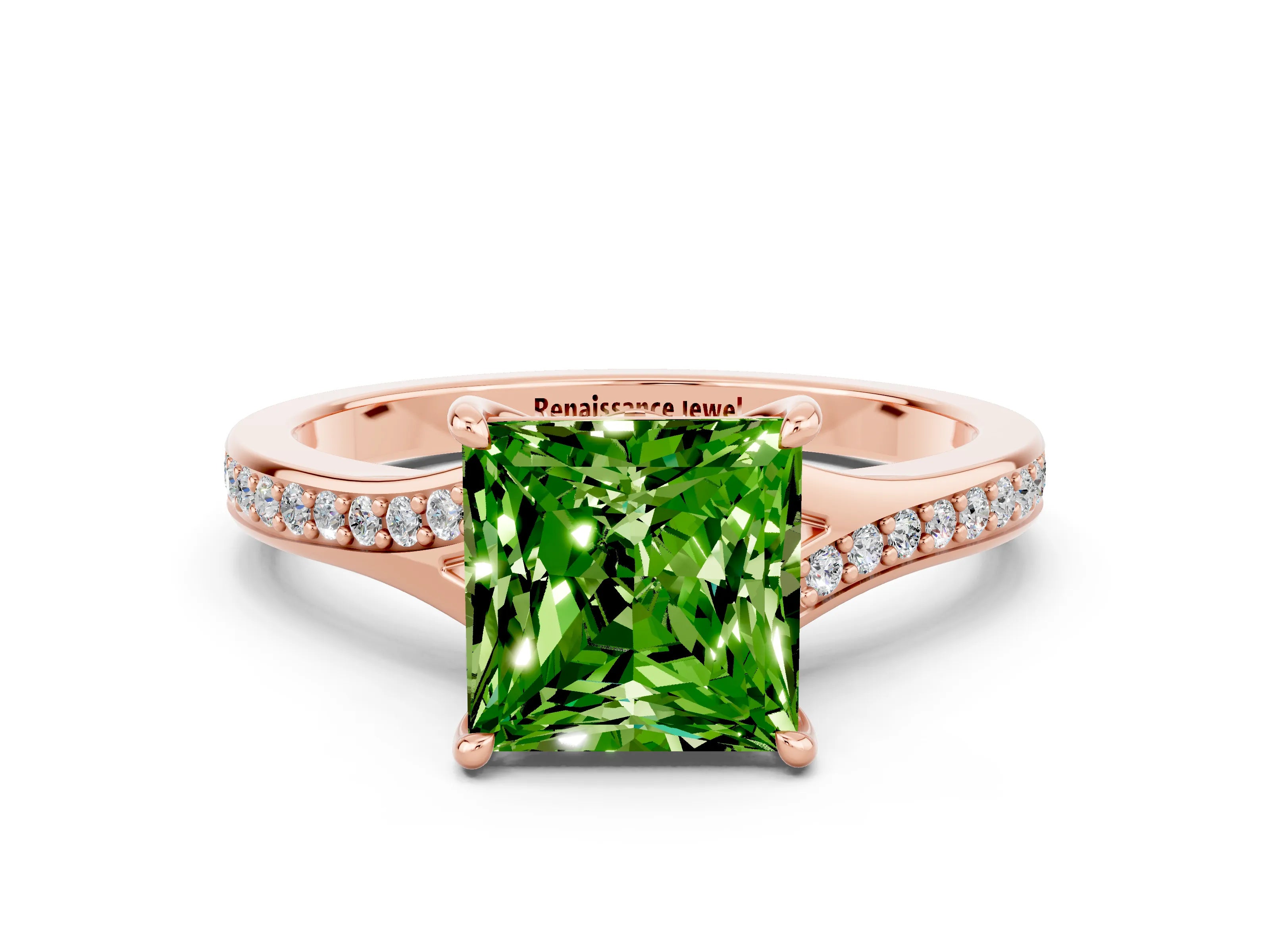 Rose gold Princess Cut Peridot Solitaire Ring with Pavé Band and Prong Setting_12