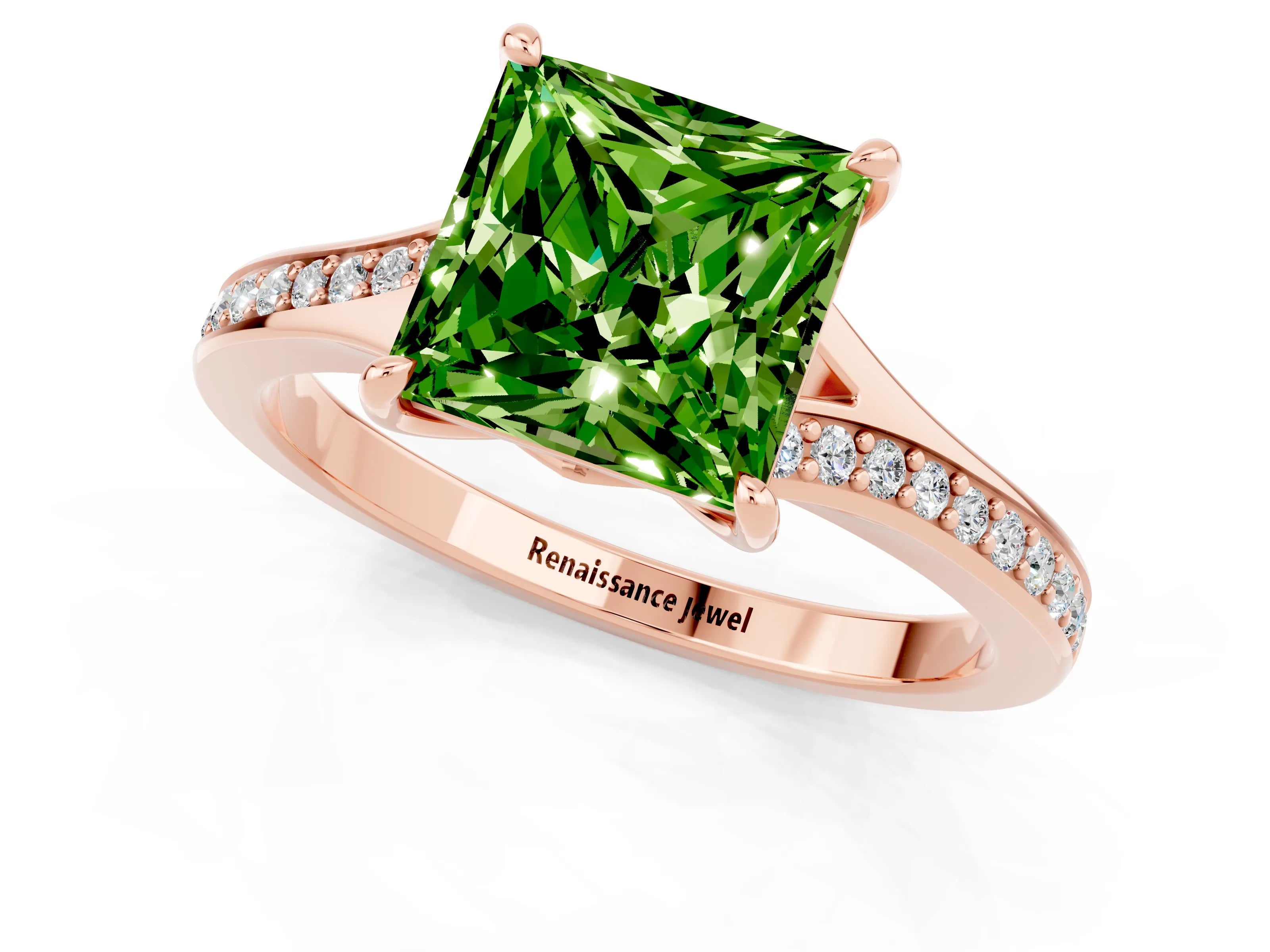 Rose gold Princess Cut Peridot Solitaire Ring with Pavé Band and Prong Setting_13