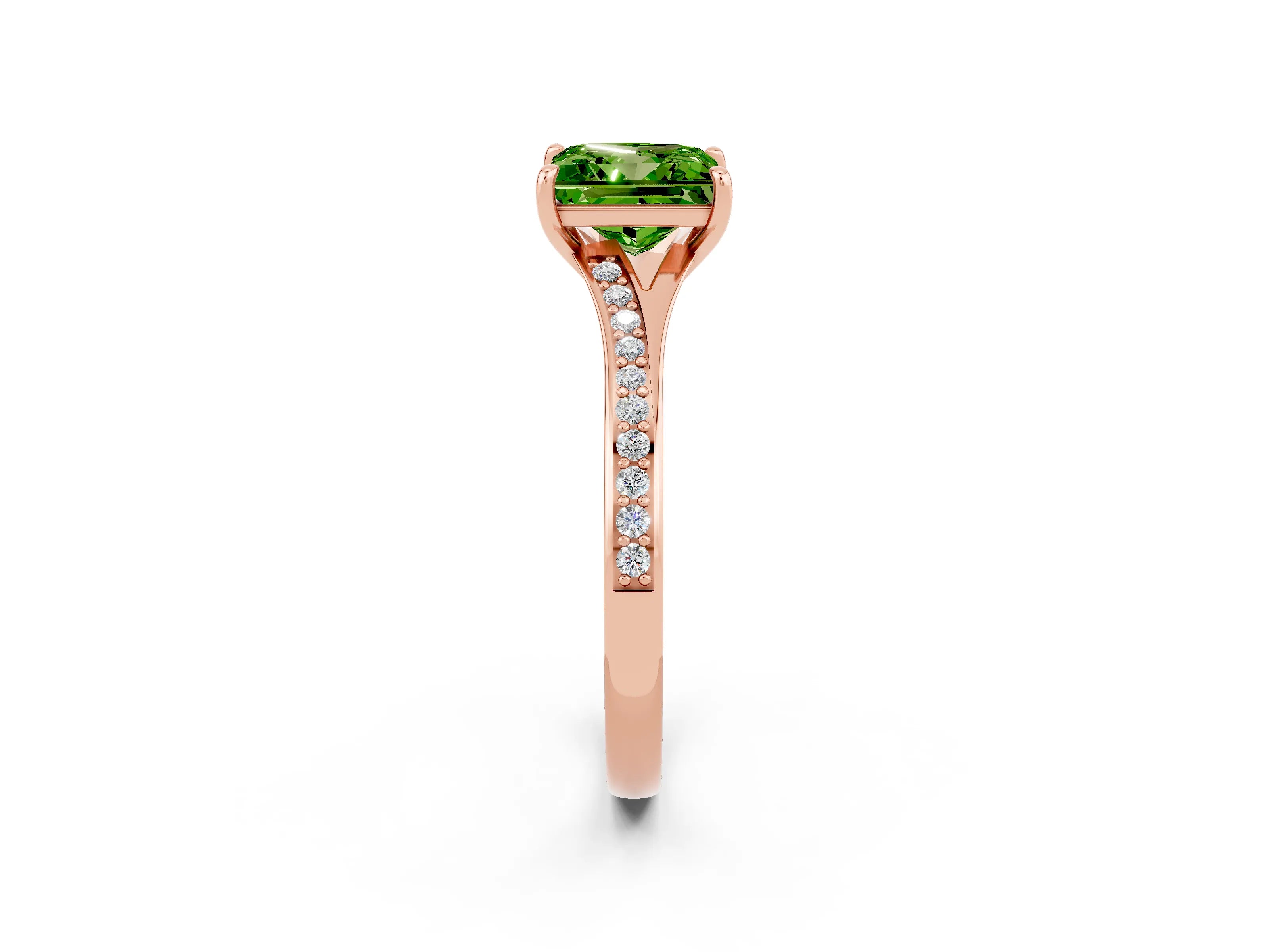Rose gold Princess Cut Peridot Solitaire Ring with Pavé Band and Prong Setting_14