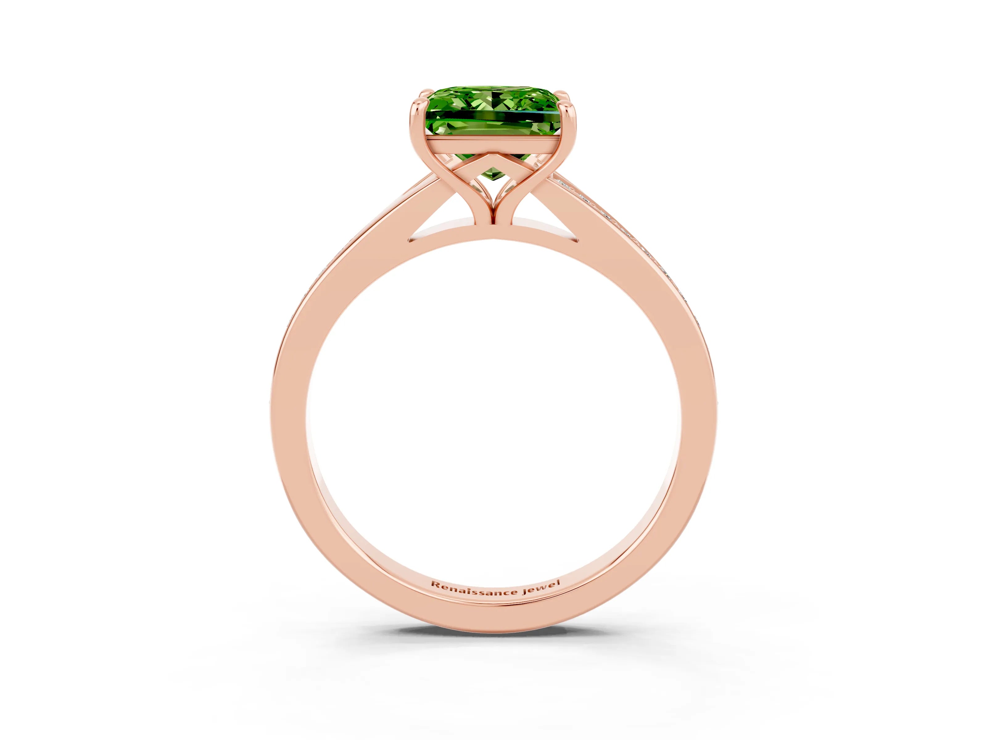 Rose gold Princess Cut Peridot Solitaire Ring with Pavé Band and Prong Setting_15