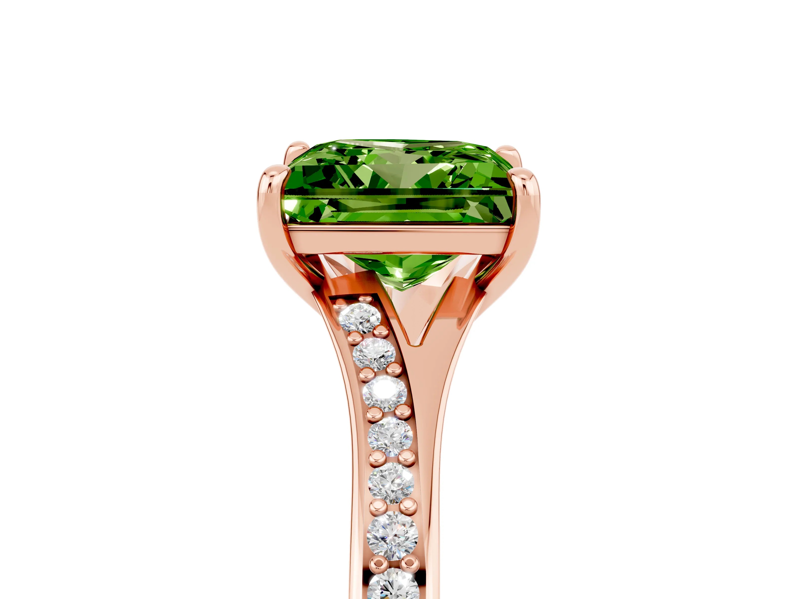 Rose gold Princess Cut Peridot Solitaire Ring with Pavé Band and Prong Setting_17