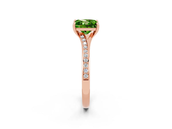 Rose gold Princess Cut Peridot Solitaire Ring with Pavé Band and Prong Setting