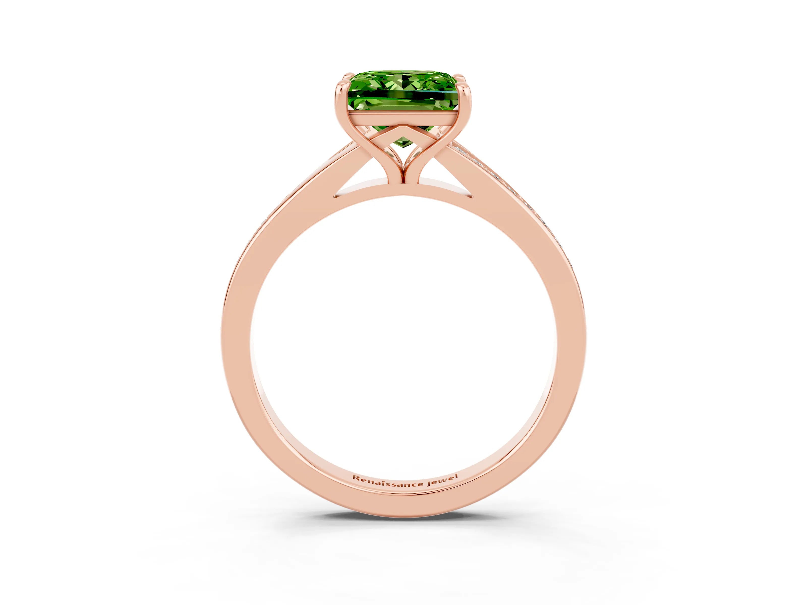 Rose gold Princess Cut Peridot Solitaire Ring with Pavé Band and Prong Setting_3