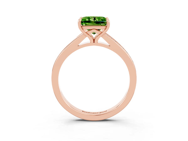Rose gold Princess Cut Peridot Solitaire Ring with Pavé Band and Prong Setting