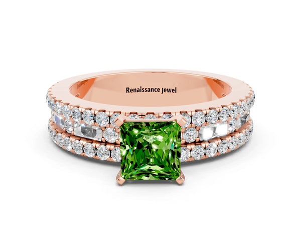 Rose gold Princess Cut Peridot Solitaire Ring with Pavé and Channel Set Band