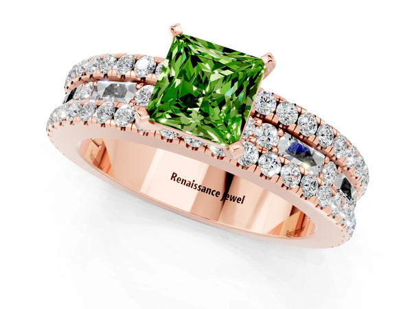 Rose gold Princess Cut Peridot Solitaire Ring with Pavé and Channel Set Band