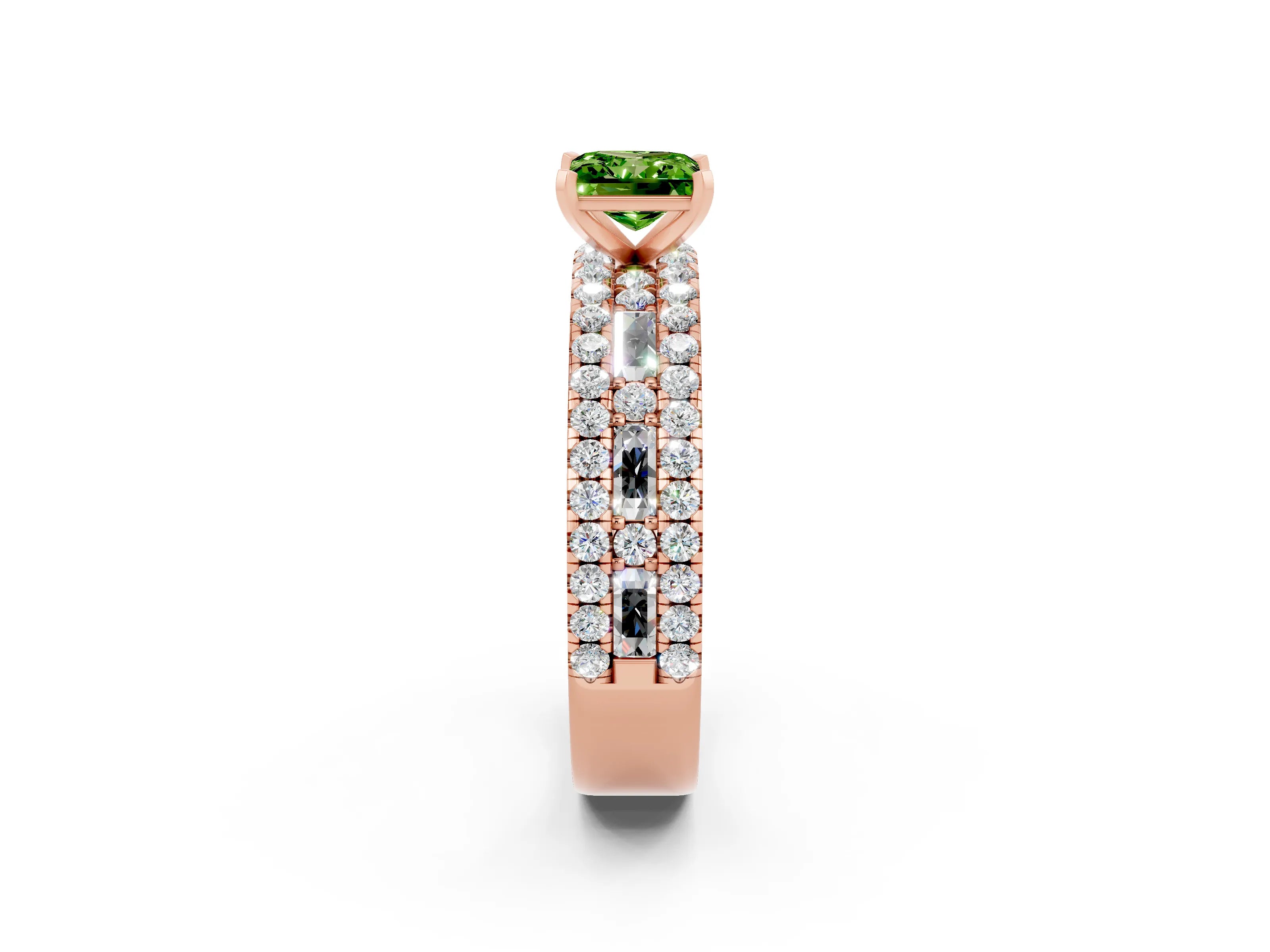 Rose gold Princess Cut Peridot Solitaire Ring with Pavé and Channel Set Band_14
