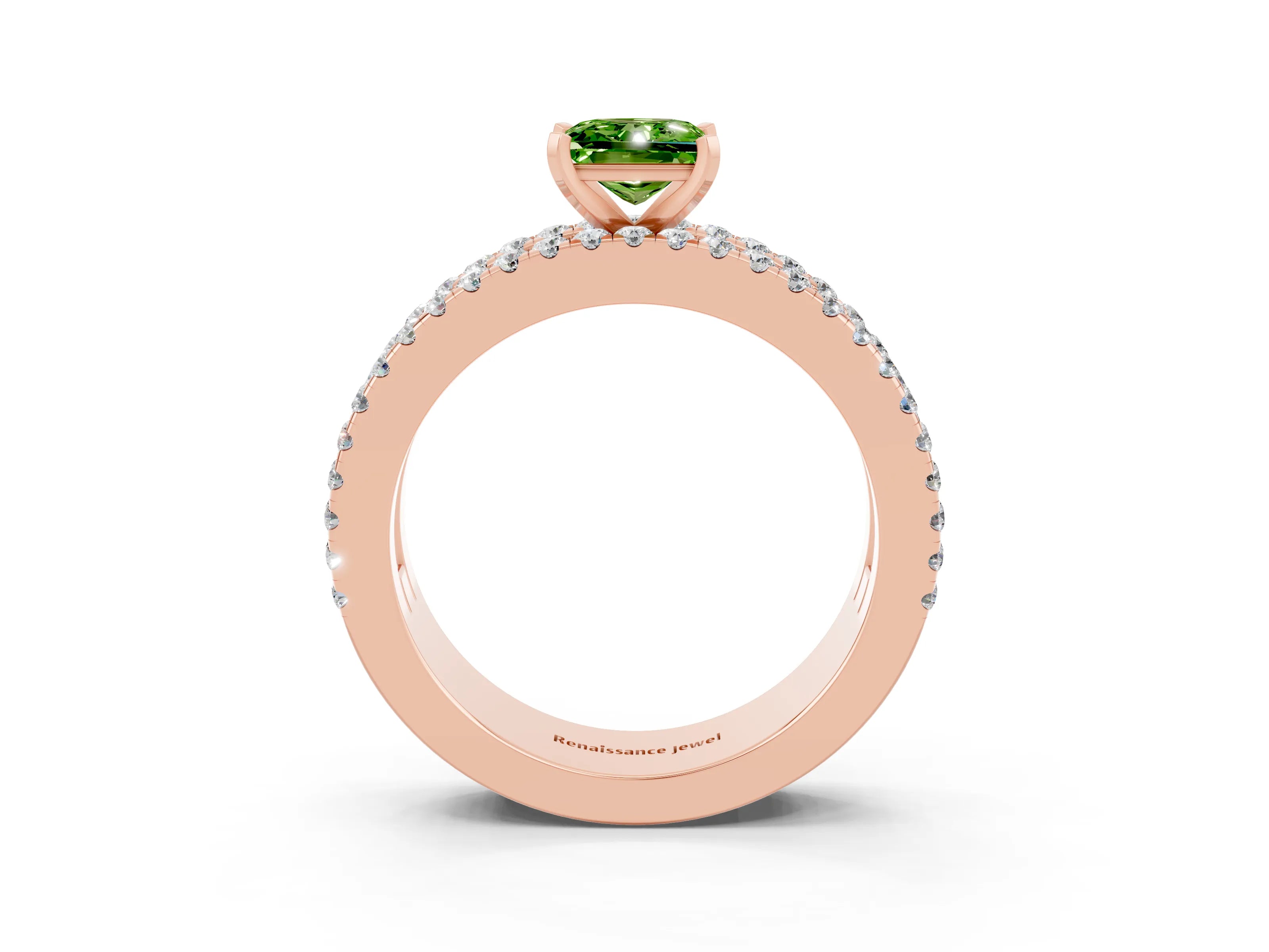Rose gold Princess Cut Peridot Solitaire Ring with Pavé and Channel Set Band_15