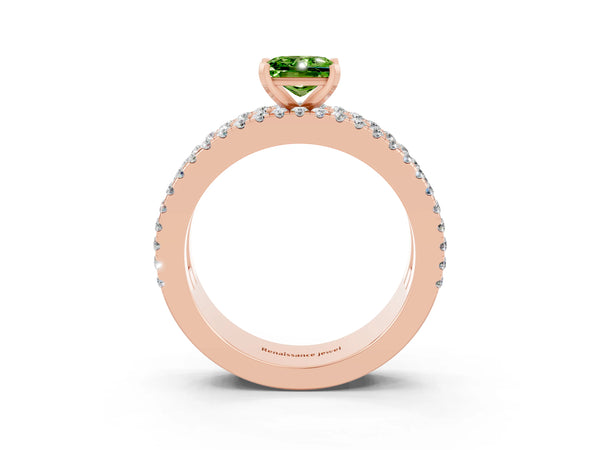 Rose gold Princess Cut Peridot Solitaire Ring with Pavé and Channel Set Band
