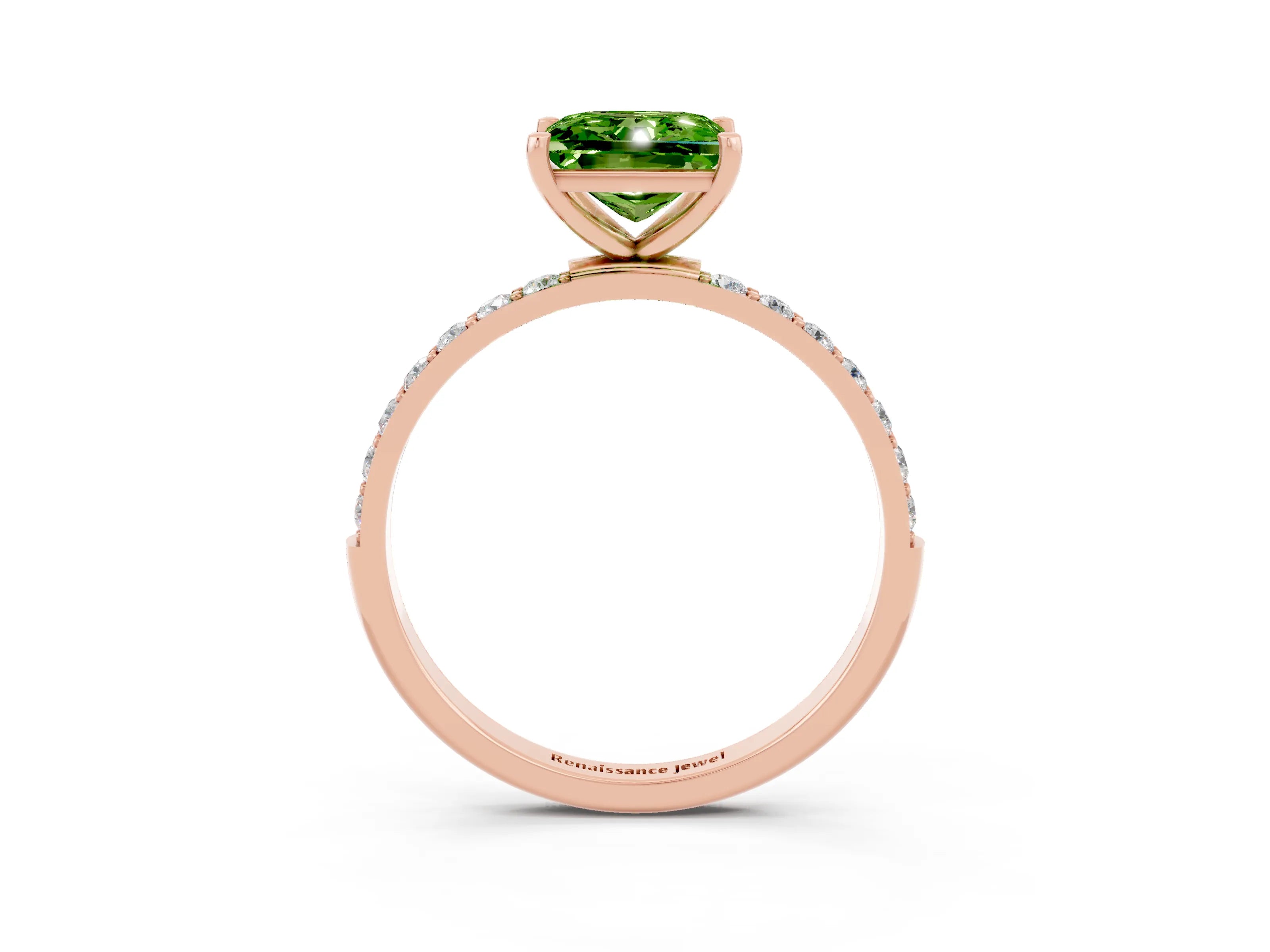 Rose gold Princess Cut Peridot Solitaire Ring with Pave Band and Four Prong Setting_15