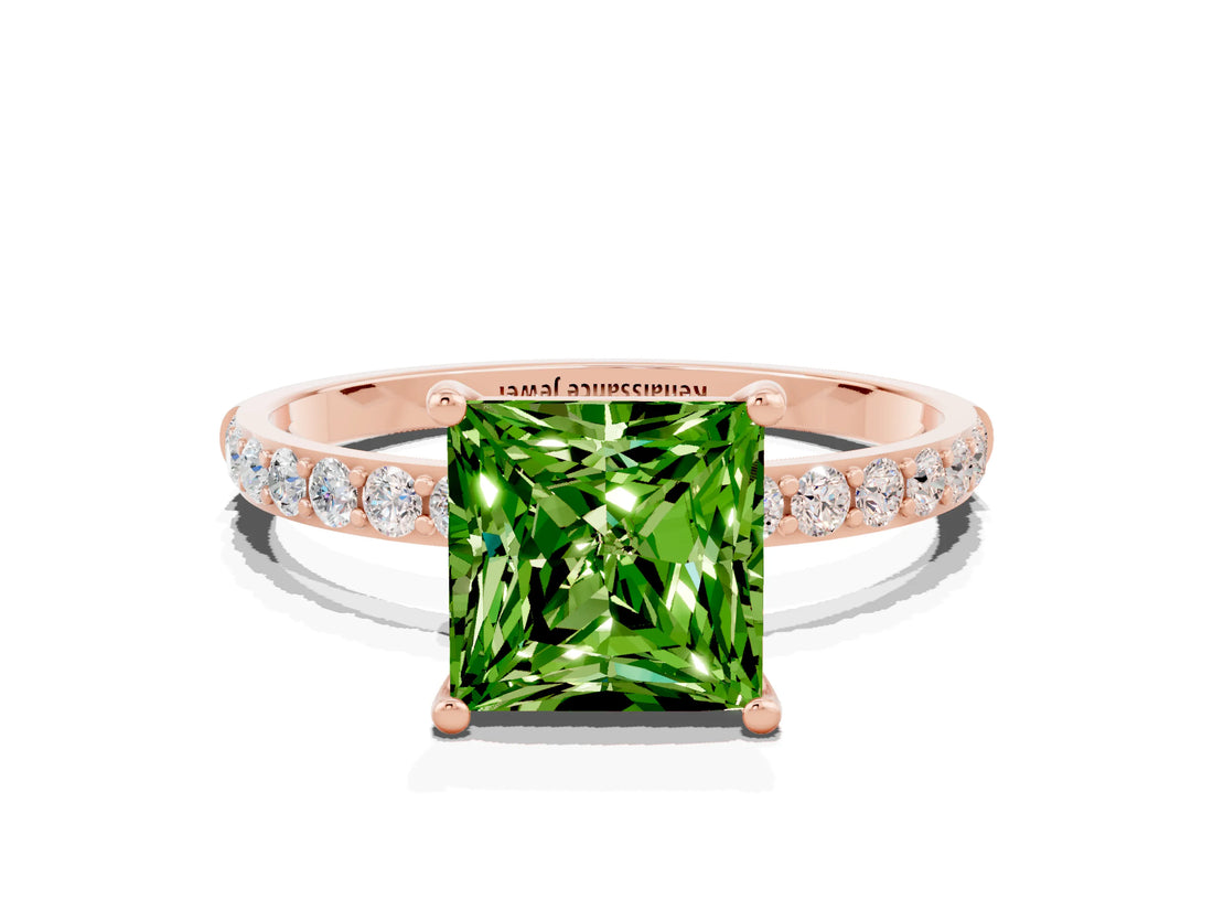 Rose gold Princess Cut Peridot Solitaire Ring with Pave Band and Four Prong Setting_24