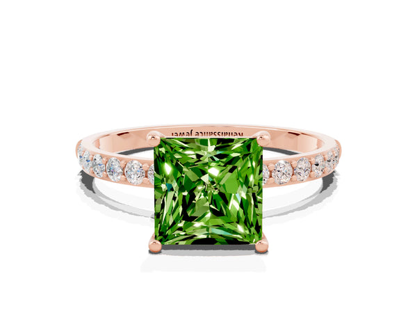 Rose gold Princess Cut Peridot Solitaire Ring with Round  Pavé Band and Prong Setting