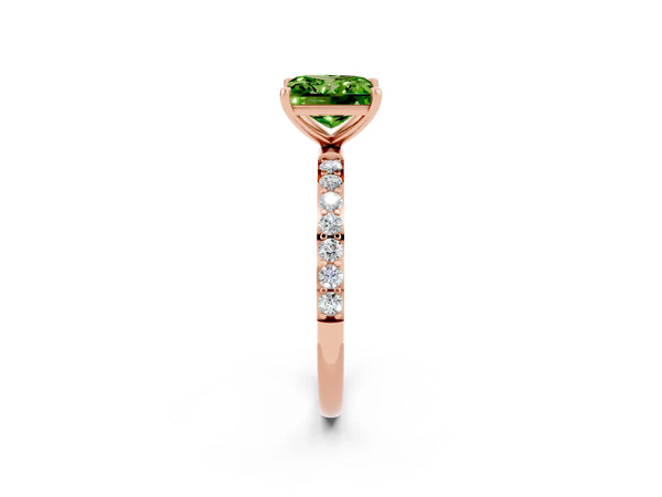 Rose gold Princess Cut Peridot Solitaire Ring with Round  Pavé Band and Prong Setting