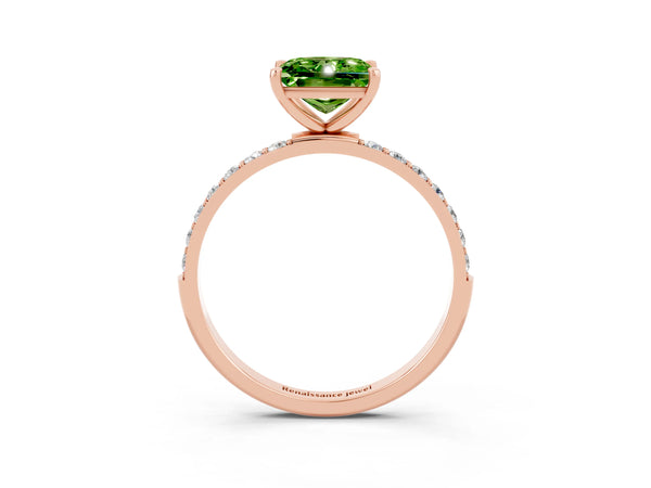 Rose gold Princess Cut Peridot Solitaire Ring with Round  Pavé Band and Prong Setting