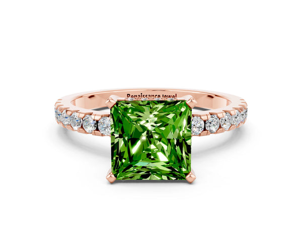 Rose gold Princess Cut Peridot Solitaire Ring with Round  Pavé Band and Four-Prong Setting