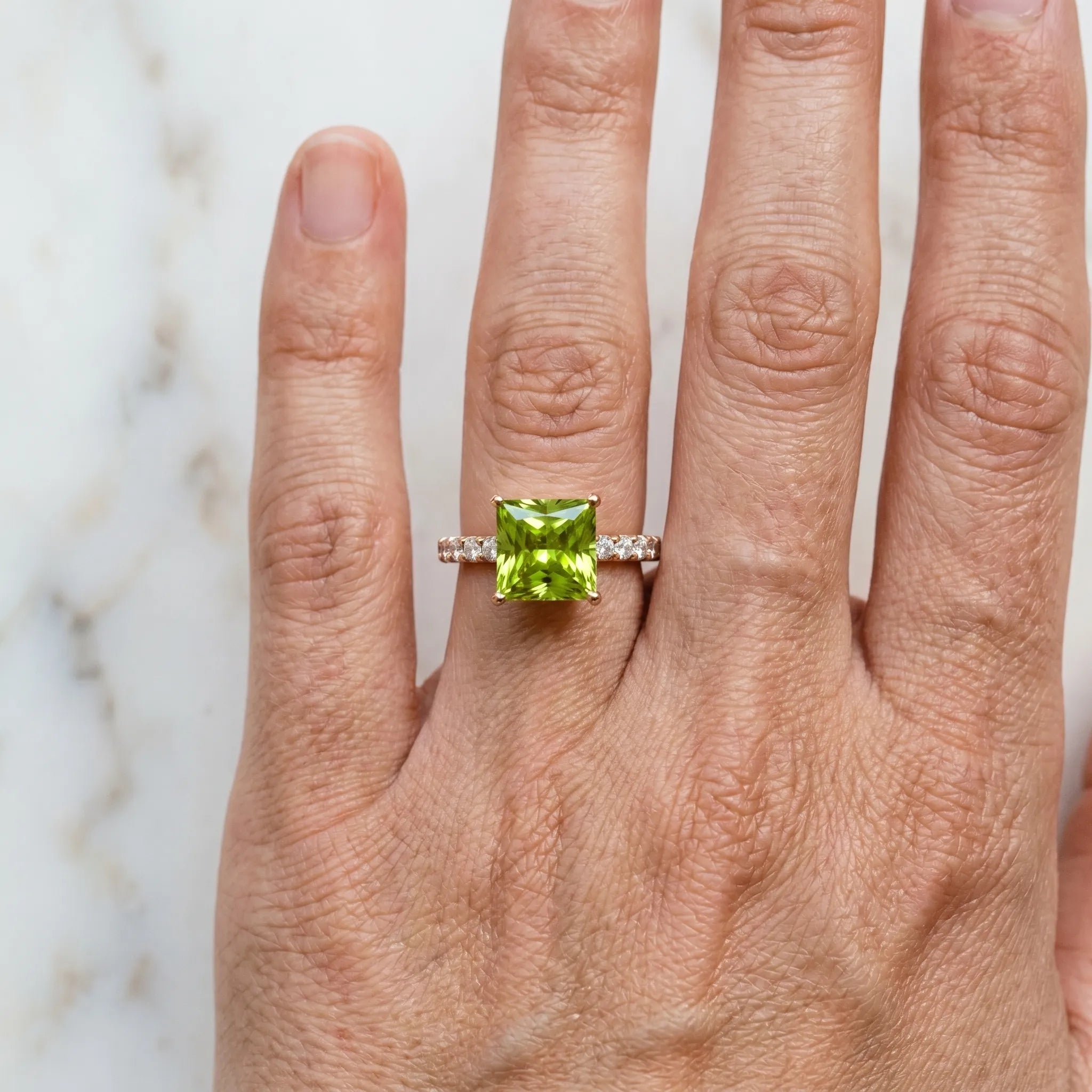 Rose gold Princess Cut Peridot Solitaire Ring with Round  Pavé Band and Four-Prong Setting_42
