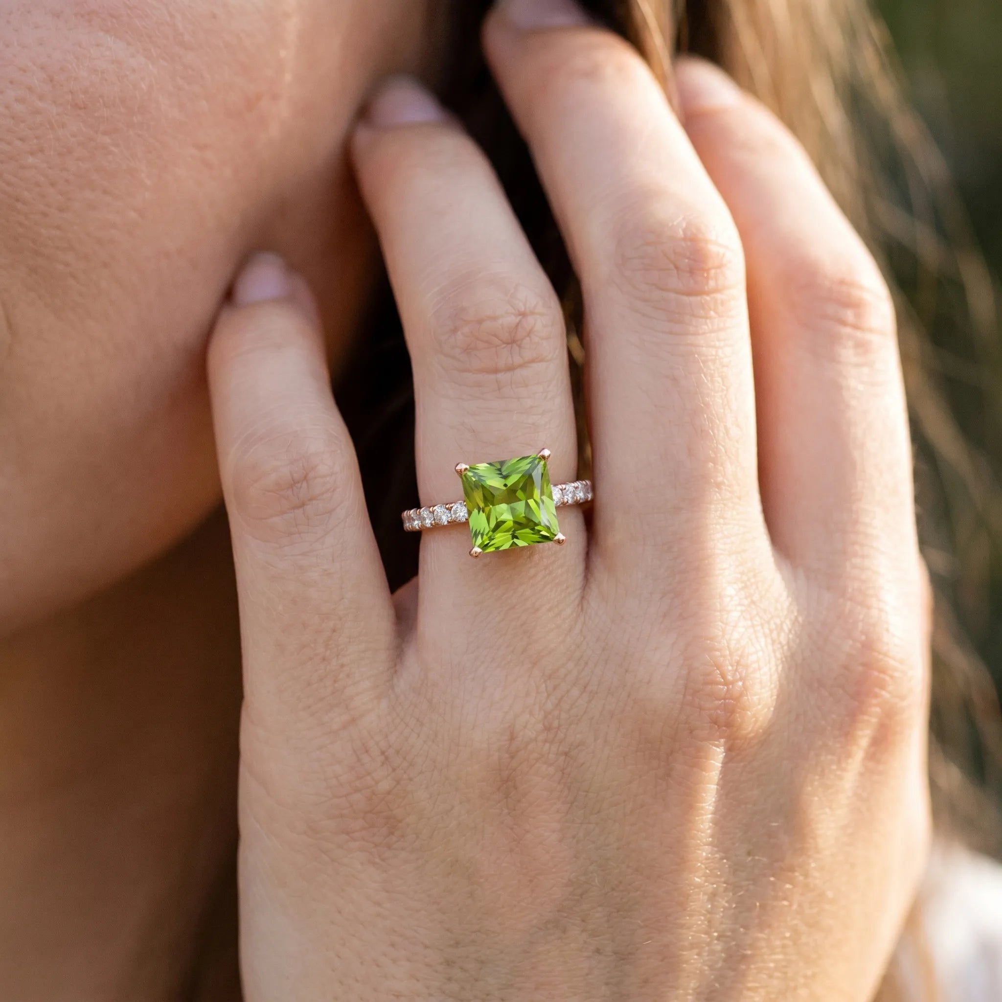 Rose gold Princess Cut Peridot Solitaire Ring with Round  Pavé Band and Four-Prong Setting_44