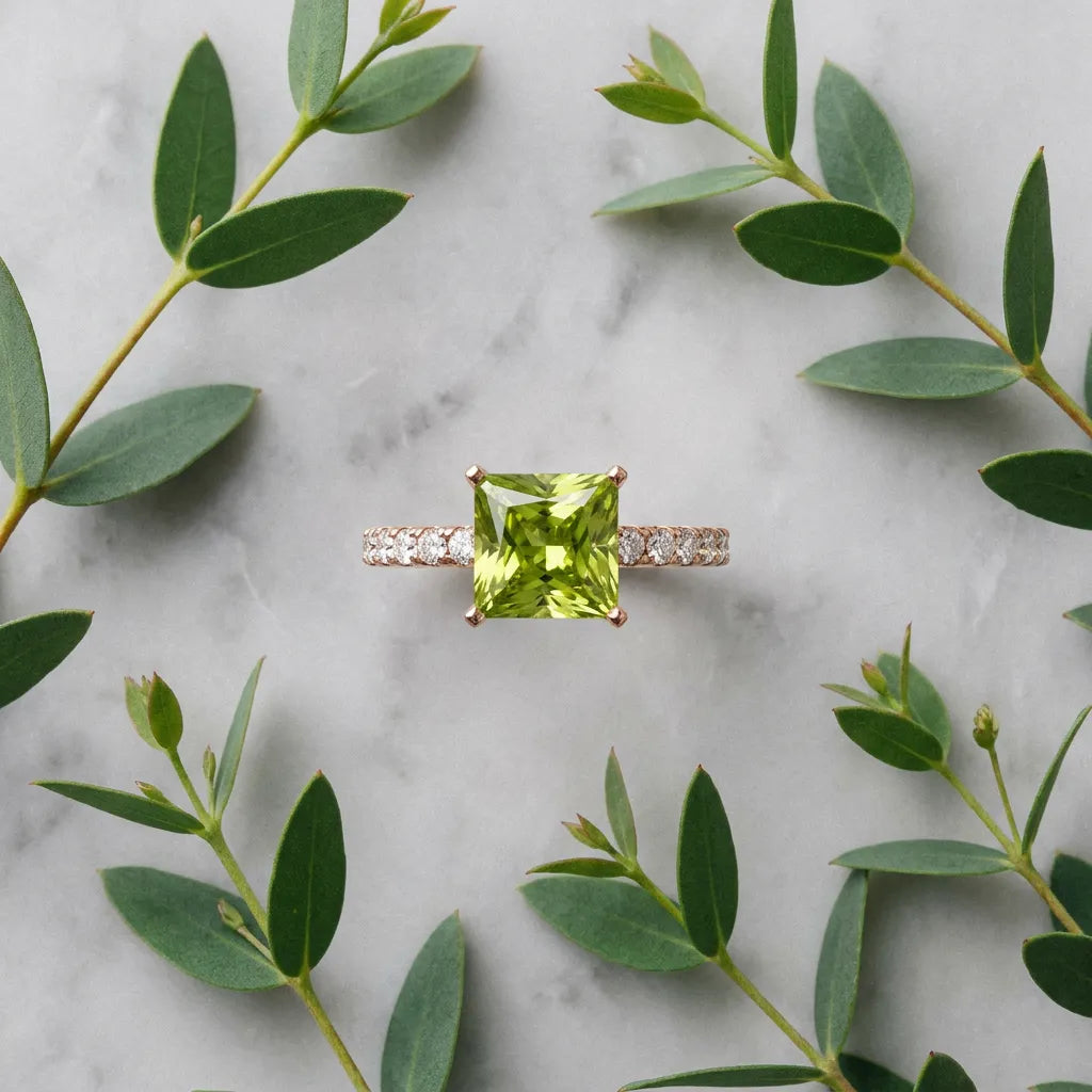 Rose gold Princess Cut Peridot Solitaire Ring with Round  Pavé Band and Four-Prong Setting_45