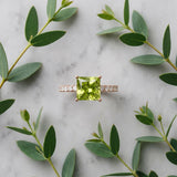 Rose gold Princess Cut Peridot Solitaire Ring with Round  Pavé Band and Four-Prong Setting_45