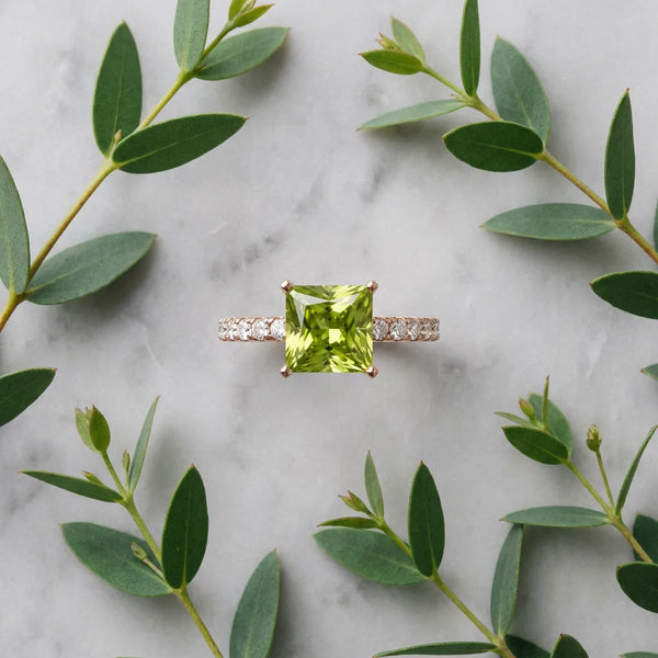 Rose gold Princess Cut Peridot Solitaire Ring with Round  Pavé Band and Four-Prong Setting