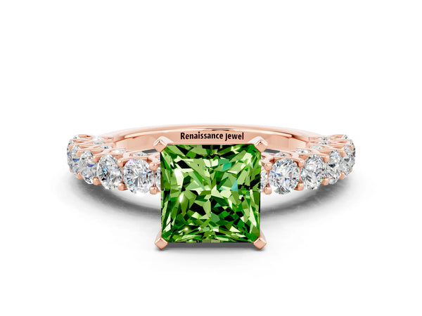 Rose gold Princess Cut Peridot Solitaire Ring with Shared Prong Pavé Band and Four-Prong Setting