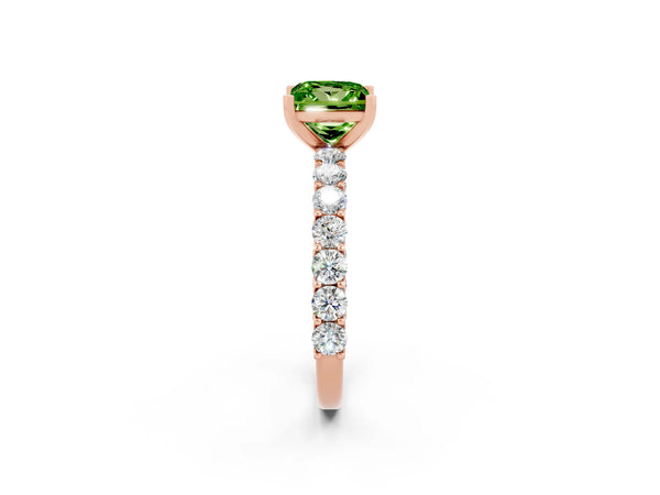 Rose gold Princess Cut Peridot Solitaire Ring with Shared Prong Pavé Band and Four-Prong Setting