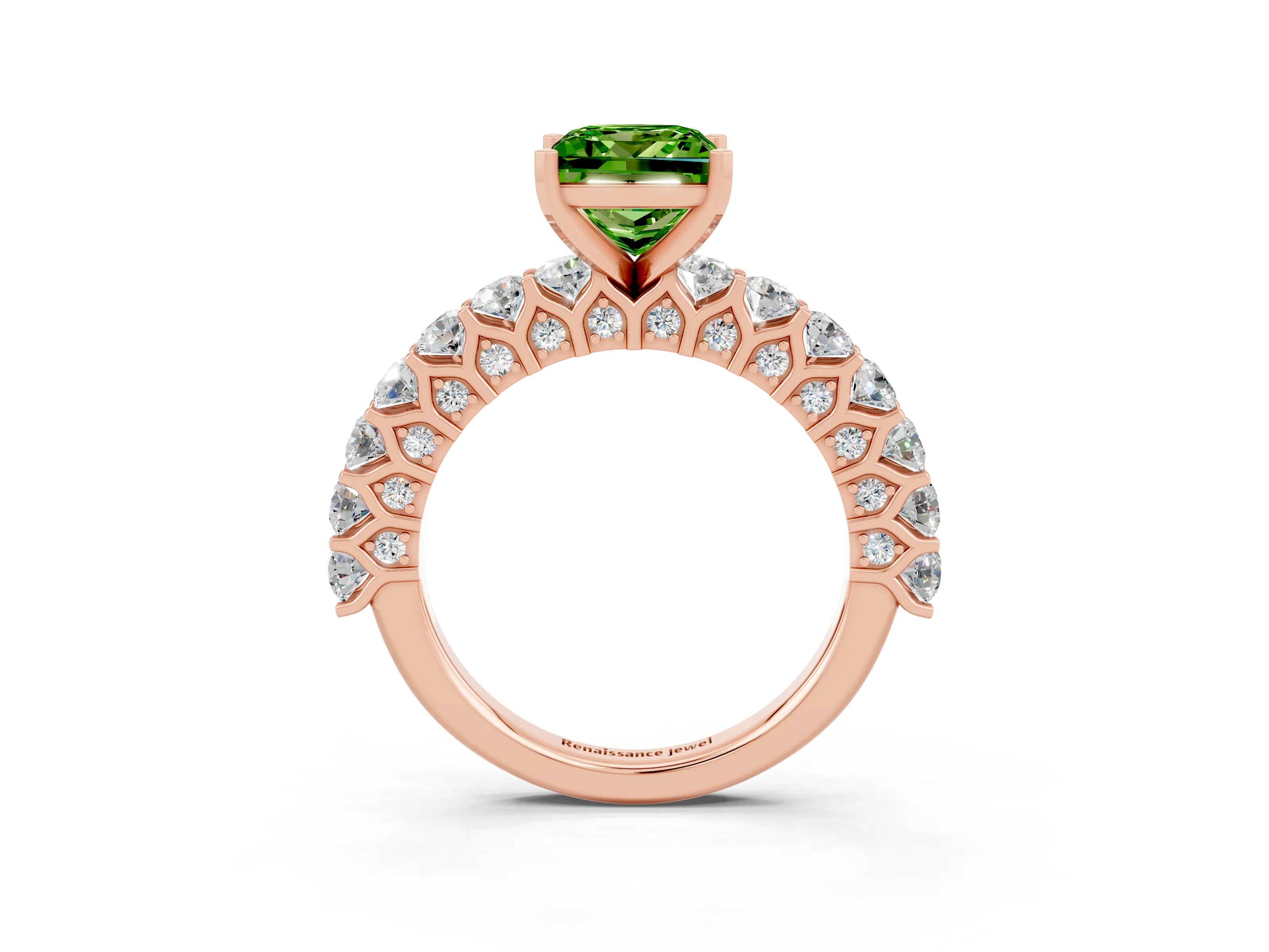 Rose gold Princess Cut Peridot Solitaire Ring with Shared Prong Pavé Band and Four-Prong Setting_3