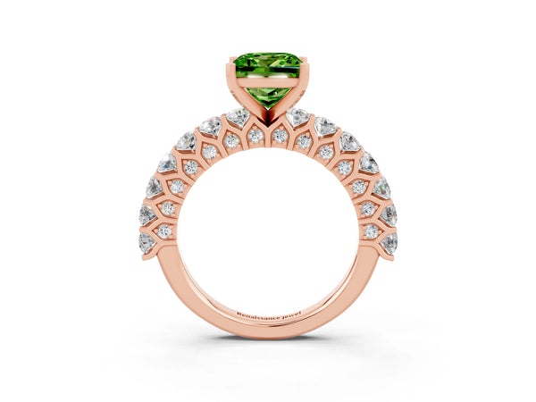 Rose gold Princess Cut Peridot Solitaire Ring with Shared Prong Pavé Band and Four-Prong Setting