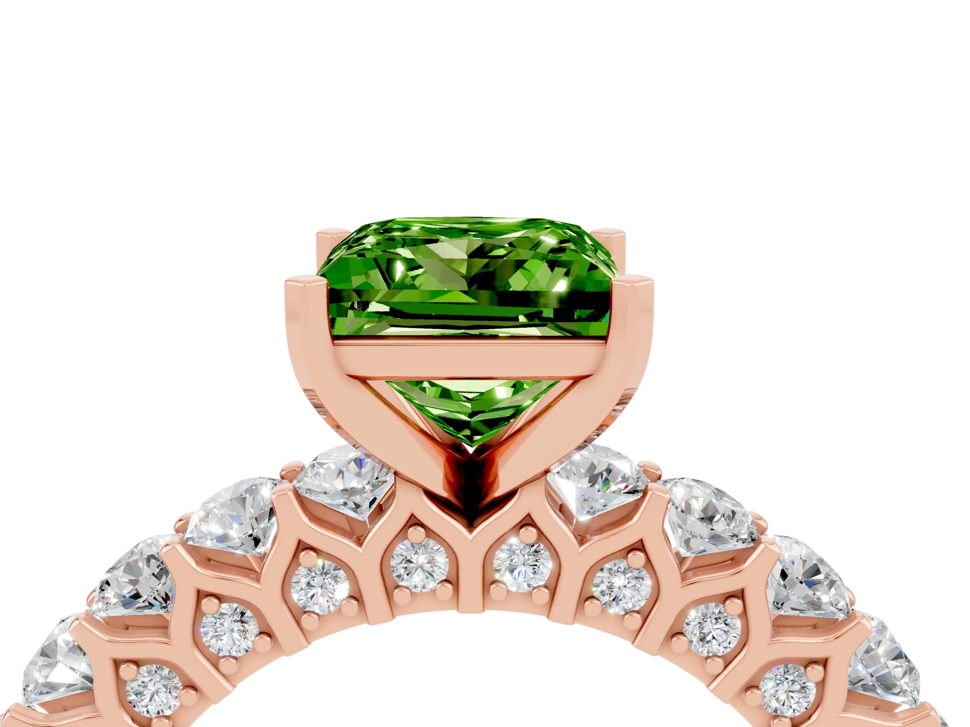 Rose gold Princess Cut Peridot Solitaire Ring with Shared Prong Pavé Band and Four-Prong Setting_4