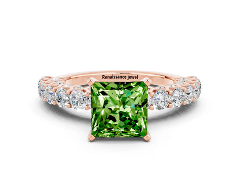 Rose gold Princess Cut Peridot Solitaire Ring with Shared Prong Pavé Band and Four-Prong Setting