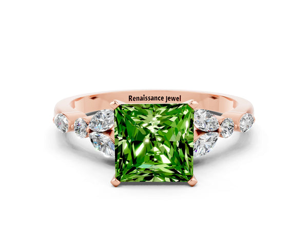 Rose gold Princess Cut Peridot Solitaire Ring with Side Stones and Four-Prong Setting