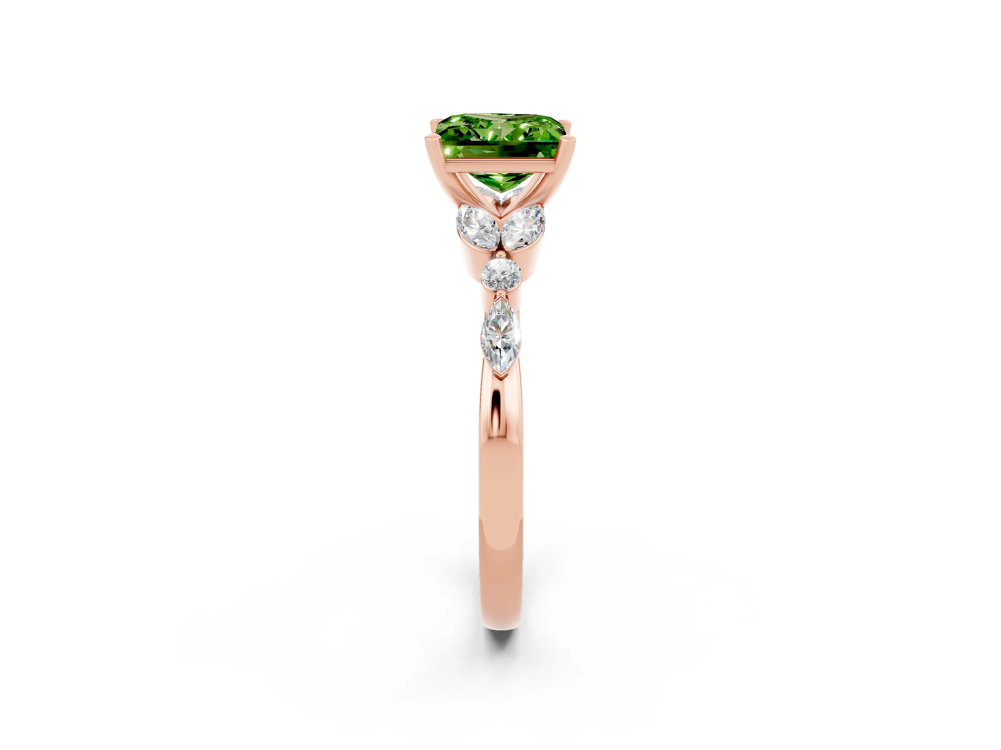 Rose gold Princess Cut Peridot Solitaire Ring with Side Stones and Four-Prong Setting_14