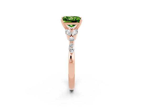 Rose gold Princess Cut Peridot Solitaire Ring with Side Stones and Four-Prong Setting