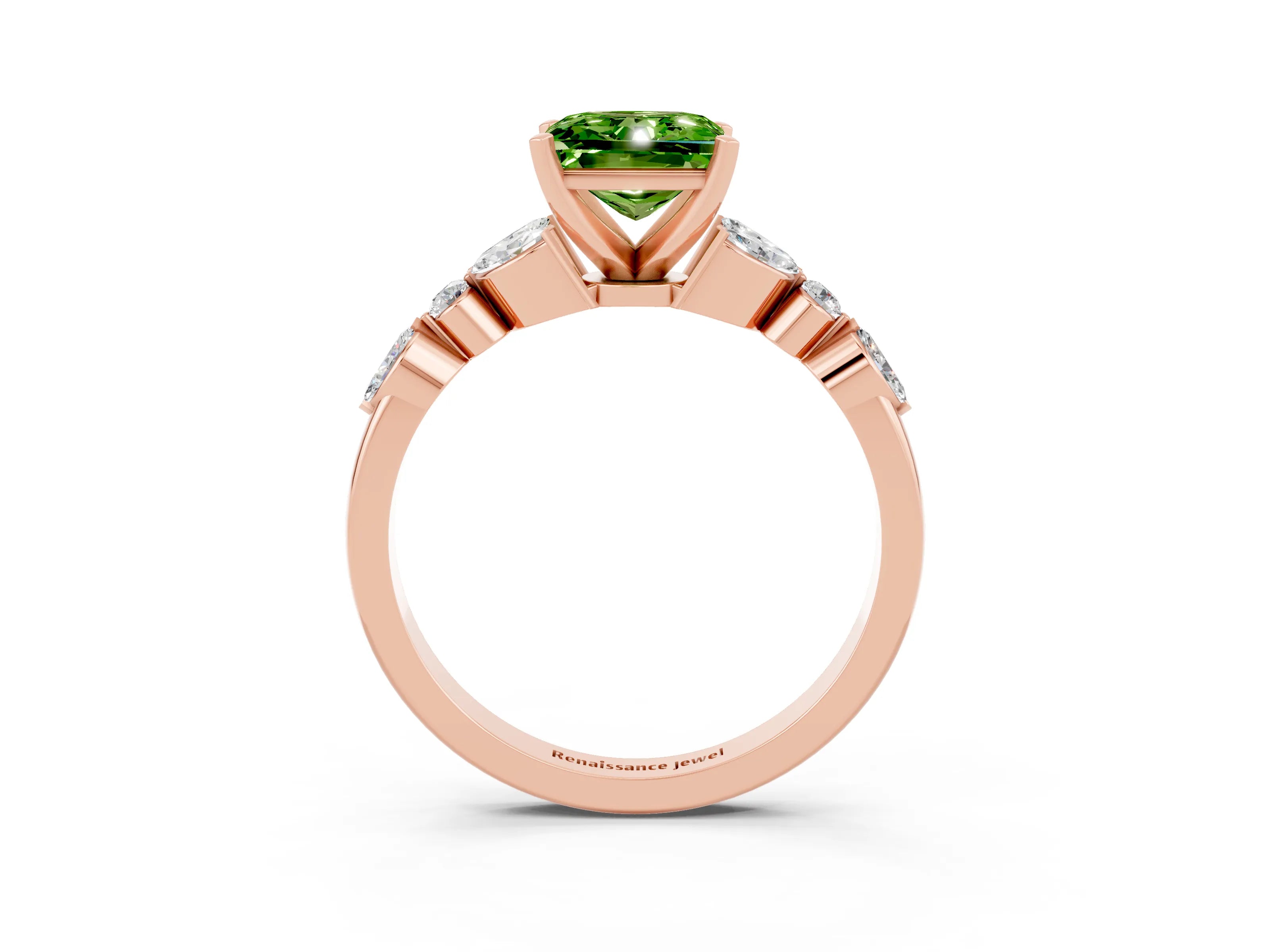 Rose gold Princess Cut Peridot Solitaire Ring with Side Stones and Four-Prong Setting_15