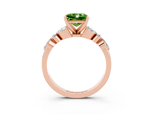 Rose gold Princess Cut Peridot Solitaire Ring with Side Stones and Four-Prong Setting