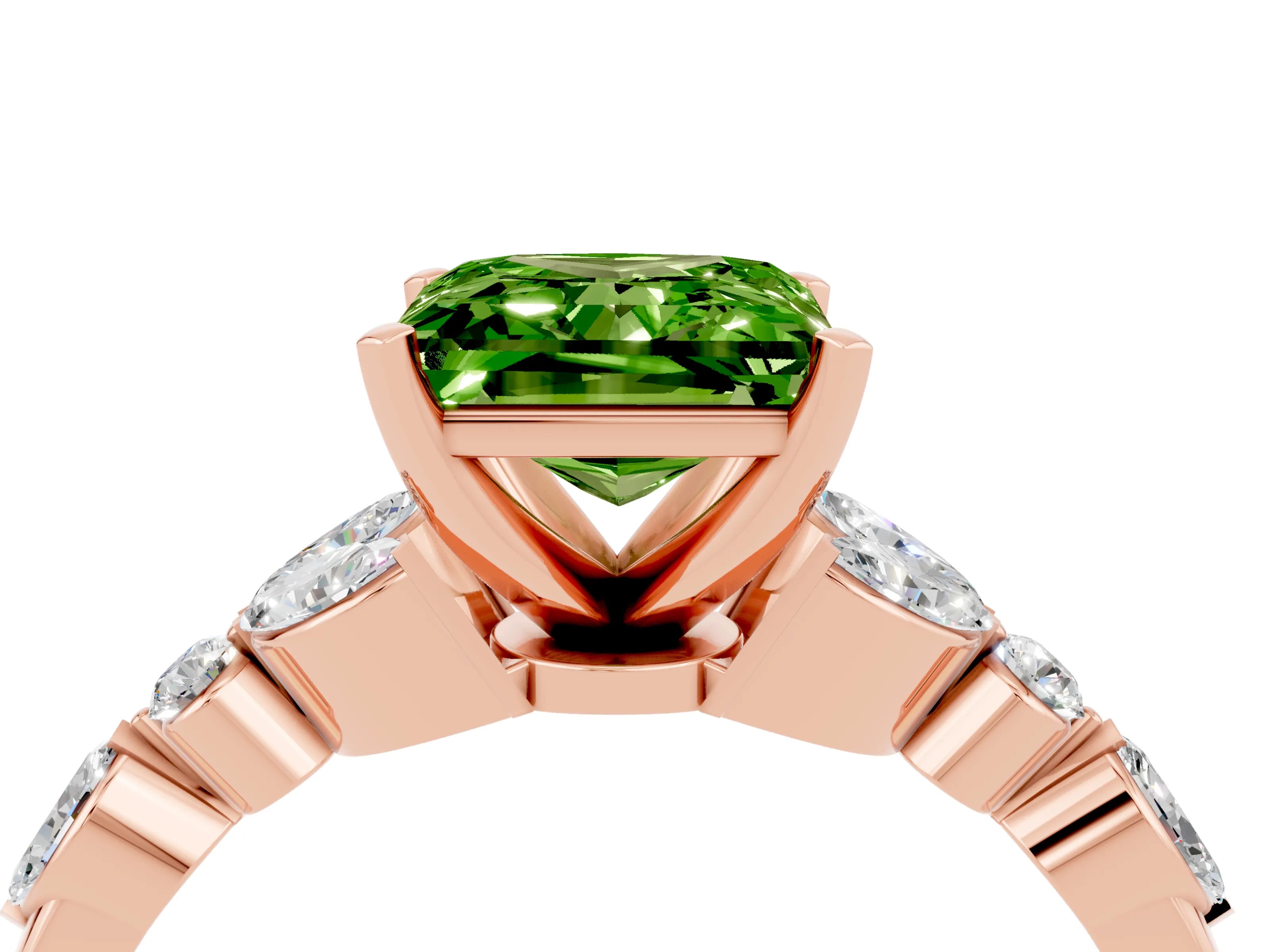 Rose gold Princess Cut Peridot Solitaire Ring with Side Stones and Four-Prong Setting_16